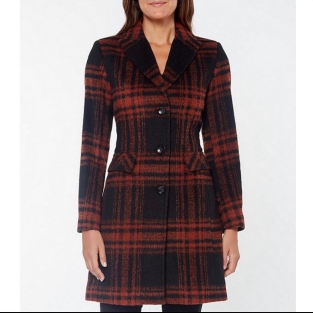 VINCE CAMUTO Large plaid wool blend coat NEW RARE 🧡🖤